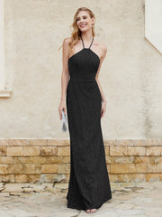 Robe Fourreau en Dentelle Longueur au Sol à Col Licou Noir Grande Taille