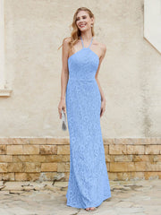 Robe Fourreau en Dentelle Longueur au Sol à Col Licou Bleu
