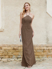 Robe Fourreau en Dentelle Longueur au Sol à Col Licou Brun Grande Taille