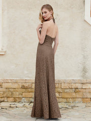 Robe Fourreau en Dentelle Longueur au Sol à Col Licou Brun Grande Taille