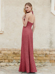Robe Fourreau en Dentelle Longueur au Sol à Col Licou Bordeaux Grande Taille