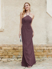 Robe Fourreau en Dentelle Longueur au Sol à Col Licou Cabernet Grande Taille