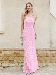 Robe Fourreau en Dentelle Longueur au Sol à Col Licou Rose Bonbon