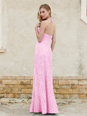 Robe Fourreau en Dentelle Longueur au Sol à Col Licou Rose Bonbon Grande Taille