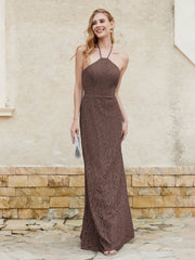Robe Fourreau en Dentelle Longueur au Sol à Col Licou Chocolat