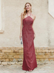 Robe Fourreau en Dentelle Longueur au Sol à Col Licou Cannelle Rose