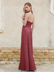 Robe Fourreau en Dentelle Longueur au Sol à Col Licou Cannelle Rose