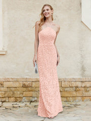 Robe Fourreau en Dentelle Longueur au Sol à Col Licou Corail