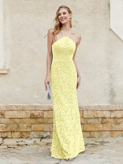 Robe Fourreau en Dentelle Longueur au Sol à Col Licou Jonquille