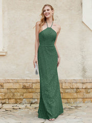 Robe Fourreau en Dentelle Longueur au Sol à Col Licou Vert Foncé Grande Taille