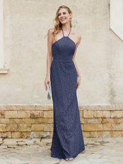 Robe Fourreau en Dentelle Longueur au Sol à Col Licou Bleu Marine Grande Taille