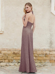 Robe Fourreau en Dentelle Longueur au Sol à Col Licou Dusk