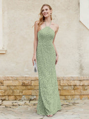 Robe Fourreau en Dentelle Longueur au Sol à Col Licou Sauge Poudrée Grande Taille
