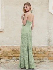 Robe Fourreau en Dentelle Longueur au Sol à Col Licou Sauge Poudrée Grande Taille