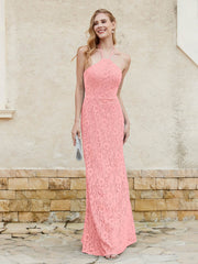 Robe Fourreau en Dentelle Longueur au Sol à Col Licou Flamant Grande Taille
