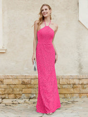 Robe Fourreau en Dentelle Longueur au Sol à Col Licou Fuchsia