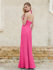 Robe Fourreau en Dentelle Longueur au Sol à Col Licou Fuchsia Grande Taille