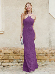 Robe Fourreau en Dentelle Longueur au Sol à Col Licou Raisin