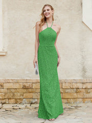 Robe Fourreau en Dentelle Longueur au Sol à Col Licou Vert