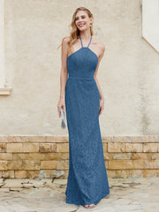 Robe Fourreau en Dentelle Longueur au Sol à Col Licou Bleu Encre
