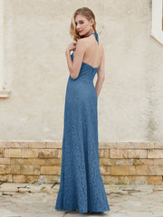 Robe Fourreau en Dentelle Longueur au Sol à Col Licou Bleu Encre Grande Taille
