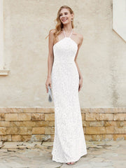 Robe Fourreau en Dentelle Longueur au Sol à Col Licou Ivoire Grande Taille
