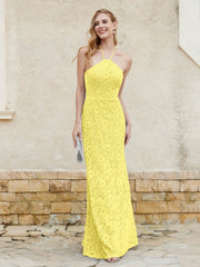 Robe Fourreau en Dentelle Longueur au Sol à Col Licou Citron