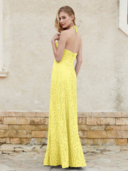 Robe Fourreau en Dentelle Longueur au Sol à Col Licou Citron