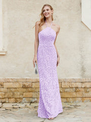 Robe Fourreau en Dentelle Longueur au Sol à Col Licou Lilas