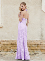 Robe Fourreau en Dentelle Longueur au Sol à Col Licou Lilas Grande Taille