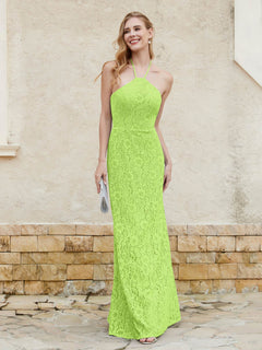 Robe Fourreau en Dentelle Longueur au Sol à Col Licou Vert Citron