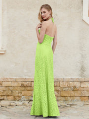 Robe Fourreau en Dentelle Longueur au Sol à Col Licou Vert Citron