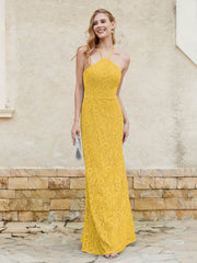 Robe Fourreau en Dentelle Longueur au Sol à Col Licou Souci Grande Taille