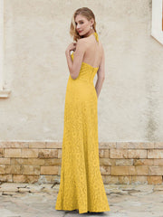 Robe Fourreau en Dentelle Longueur au Sol à Col Licou Souci Grande Taille