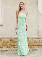 Robe Fourreau en Dentelle Longueur au Sol à Col Licou Vert Menthe