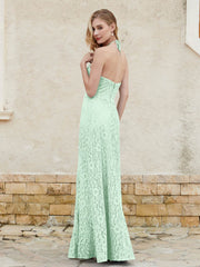 Robe Fourreau en Dentelle Longueur au Sol à Col Licou Vert Menthe Grande Taille