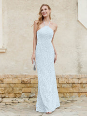 Robe Fourreau en Dentelle Longueur au Sol à Col Licou Brume