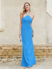 Robe Fourreau en Dentelle Longueur au Sol à Col Licou Bleu Océan Grande Taille