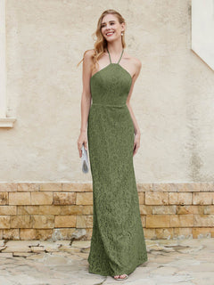 Robe Fourreau en Dentelle Longueur au Sol à Col Licou Olive Verte