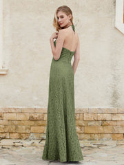 Robe Fourreau en Dentelle Longueur au Sol à Col Licou Olive Verte