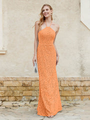 Robe Fourreau en Dentelle Longueur au Sol à Col Licou Orange Grande Taille