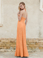 Robe Fourreau en Dentelle Longueur au Sol à Col Licou Orange Grande Taille