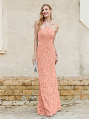 Robe Fourreau en Dentelle Longueur au Sol à Col Licou Papaye