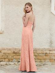 Robe Fourreau en Dentelle Longueur au Sol à Col Licou Papaye Grande Taille