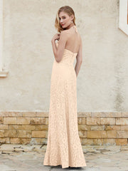 Robe Fourreau en Dentelle Longueur au Sol à Col Licou Pêche Grande Taille