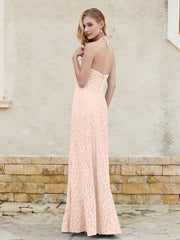 Robe Fourreau en Dentelle Longueur au Sol à Col Licou Rose Perle