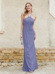 Robe Fourreau en Dentelle Longueur au Sol à Col Licou Pervenche