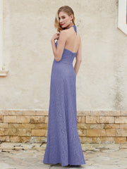 Robe Fourreau en Dentelle Longueur au Sol à Col Licou Pervenche