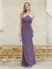 Robe Fourreau en Dentelle Longueur au Sol à Col Licou Plum