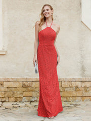 Robe Fourreau en Dentelle Longueur au Sol à Col Licou Rouge